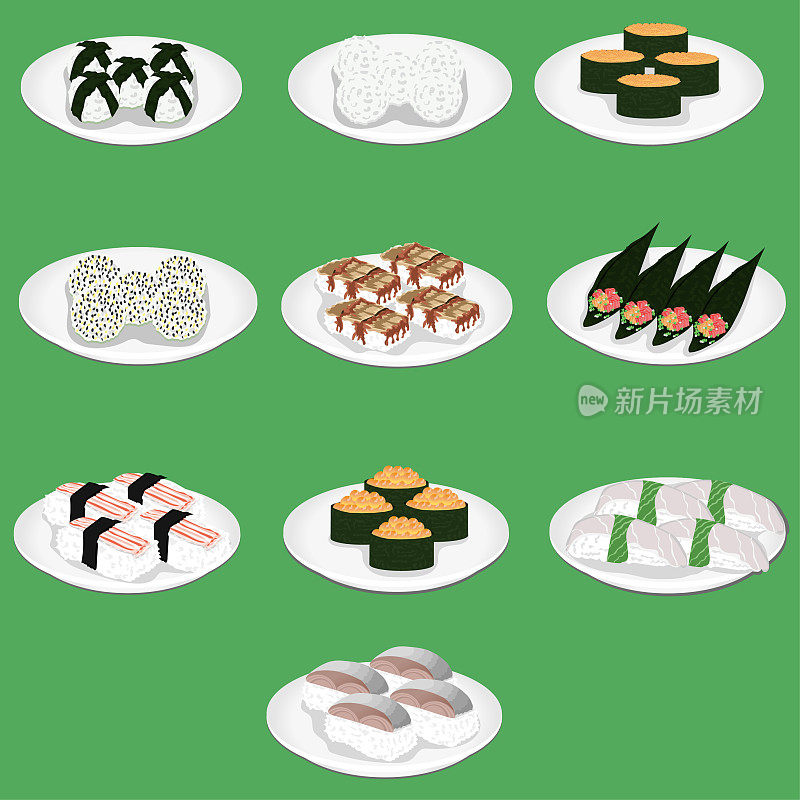 寿司是一种日本料理，特别准备了醋饭aji, amaebi, anago, conger，鳗鱼，ebi, nigiri，煎蛋，hamachi hotate, ika ikura, gunkan maki，虾，鲑鱼食物